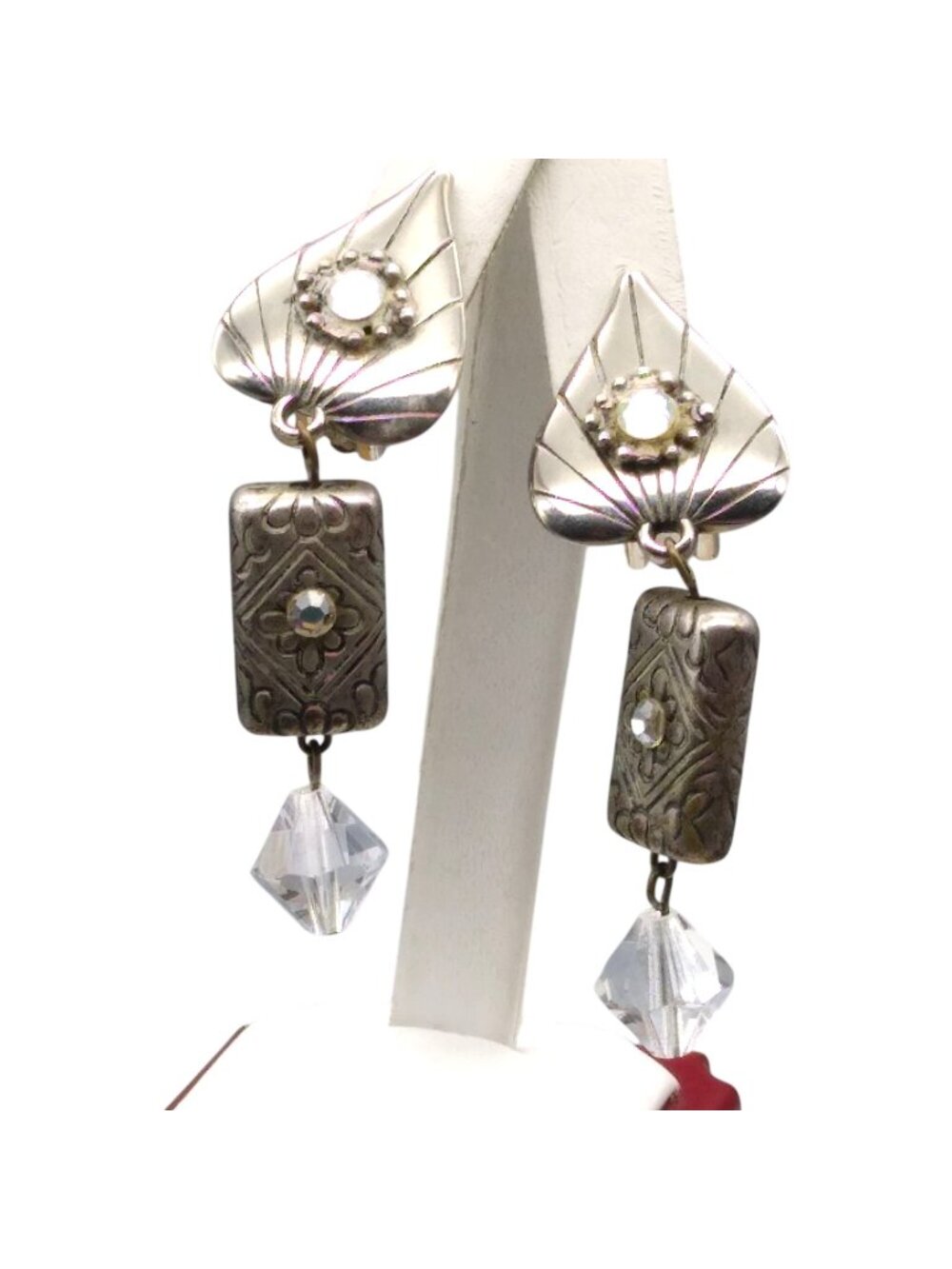 Vintage Puffy Teardrop Dangle Earrings, Statement Silver Tone Drops to Clear